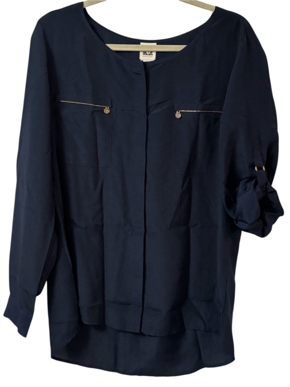 Anne Klein Navy Blue Roll Tab Chiffon Blouse Business Casual Gold Accents Sz L